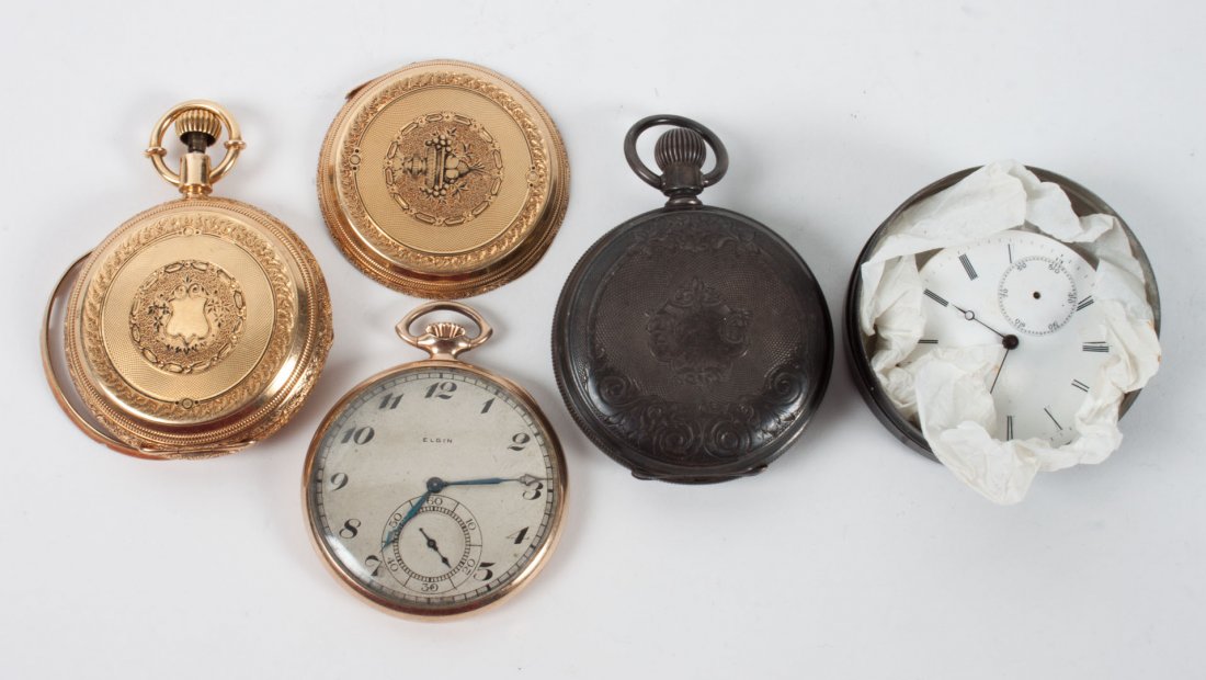 Assorted pocket watches and parts: including: W P & Co. 18K gold pocket watch case with 14K gold partial watch frame (damaged), 44 grams; a Waltham "Seaside" in engraved coin silver hunting case, engraved date 1887; an Elgin gold-fille