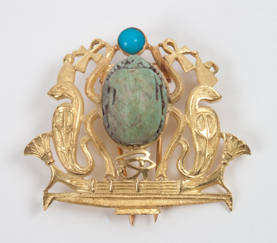 Egyptian 18K gold & faience pendant brooch: ancient faience scarab incorporated in a modern setting, including small round turquoise, Egyptian hallmarks, 1 1/4 x 1 1/2 in., 12 grams total