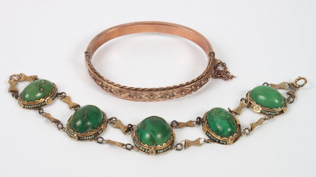 Two Victorian lady's bracelets: 1) Etruscan Revival 9K patinated rose gold bangle bracelet, with English purity marks, 11 grams; 2) Victorian gold, jade, and seed pearl bracelet, 7 in. L., the clasp marked 14K but links test as 16K