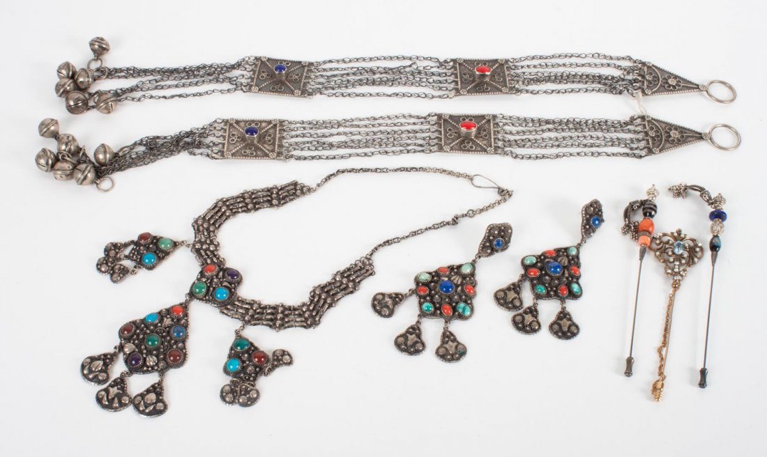 Egyptian silver & multi-colored stone demi-parure: including a necklace and a pair of earrings, 130 grams; together with a pair of Sudanese hair ornaments and three hat pins
