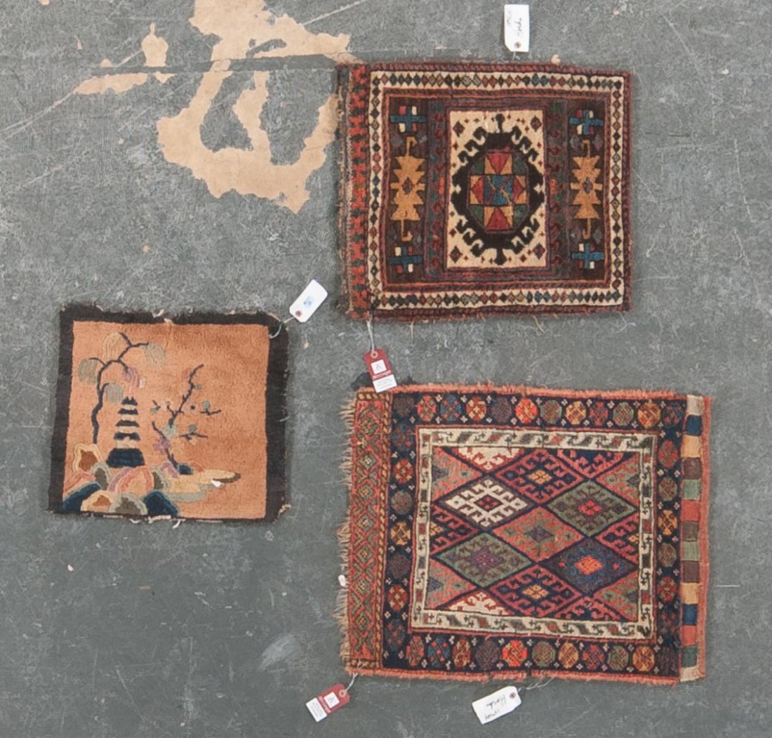 Two Persian bag face rugs and 1 Chinese fete rug: approx. 2 x 2 each