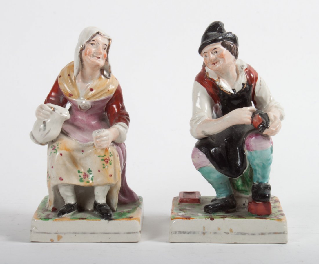 Pair of Staffordshire earthenware figures: first quarter-19th century; probably Clews or Woods, beggar woman and cobbler, each approx. 6 in. H.