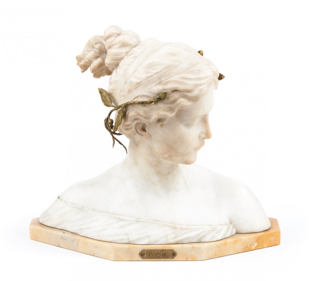 Antonio Guiseppe Garella. "Poesie," marble bust: (Italian, 1863-1919). Carved marble bust of beauty with applied gilt-metal floral wreath, set on shaped based with brass title plaque, signed on verso "Garella H B," 13 1/2 in. H, 15 1/2 in. W.