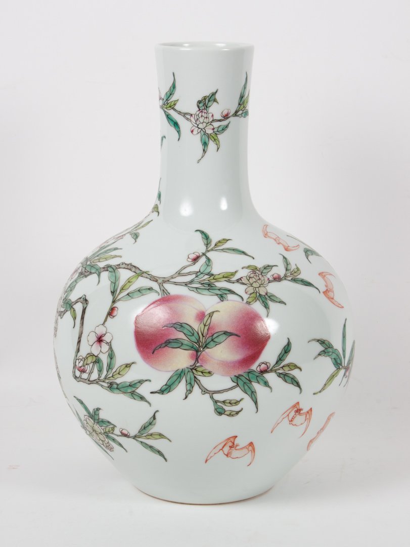 Chinese Famille Rose porcelain peach vase: blue character mark, 12 in. H.