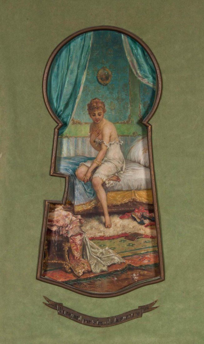 Joseph Bernard. Lady Undressing, oil on panel: (French, 1864-1933). Signed "J. Bernard" lc, 18 1/2 x 12 1/4 in., in a keyhole frame