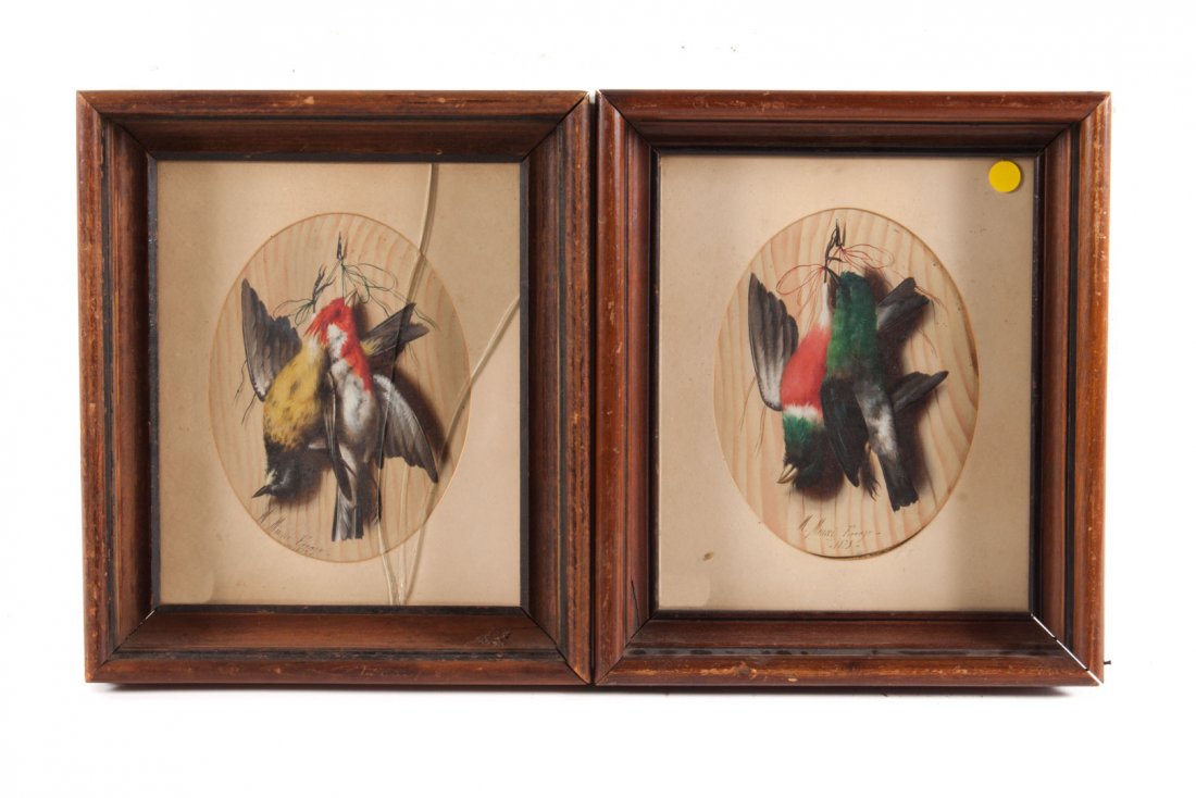 Meucci, Hanging Birds, set of two oils: Michelangelo Meucci (Italian, 1840-1890/1909). each oil on panel, signed, located and dated "M. Meucci Firenze 1873" lc, each 8 1/2 x 6 1/2 in, framed.