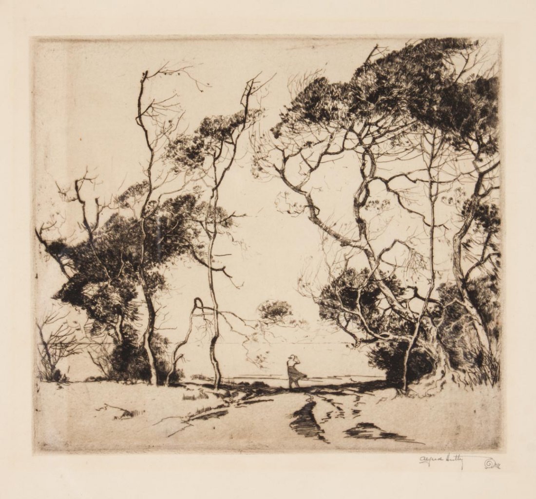 Alfred Heber Hutty "Windswept," etching: (American, 1877-1954). Signed "Alfred Hutty" lr, 8 x 8 3/4 in., framed