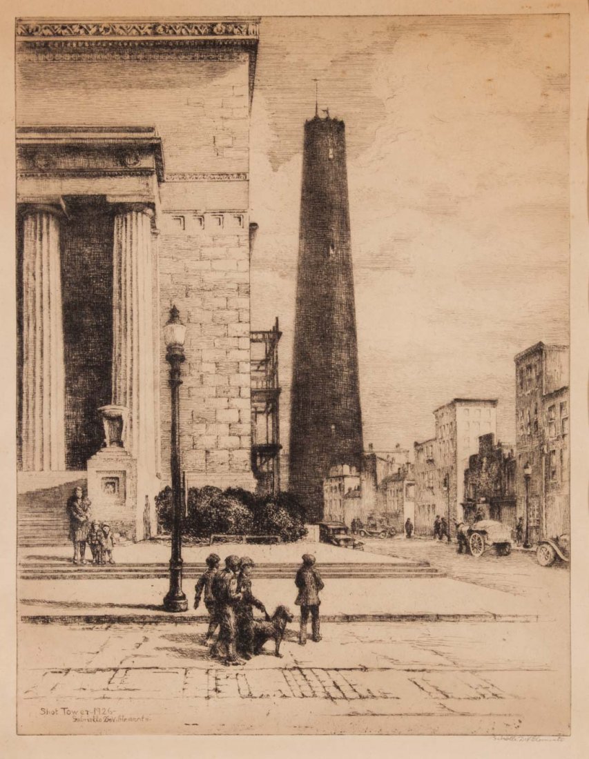 Gabrielle Clements "Shot Tower-1926," etching: Gabrielle DeVaux Clements (American, 1858-1948). Signed "Gabrielle DeV. Clements" lr, 16 3/4 x 13 in., framed