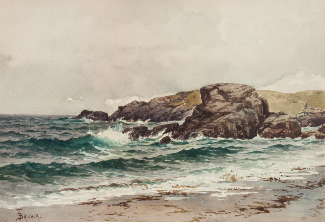 Alfred Bricher. "Sea and Shorescape," watercolor: Alfred Thompson Bricher (American, 1837-1908). Watercolor on paper, signed "A.T. Bricher" ll, 13 1/2 x 19 1/2 in., framed
