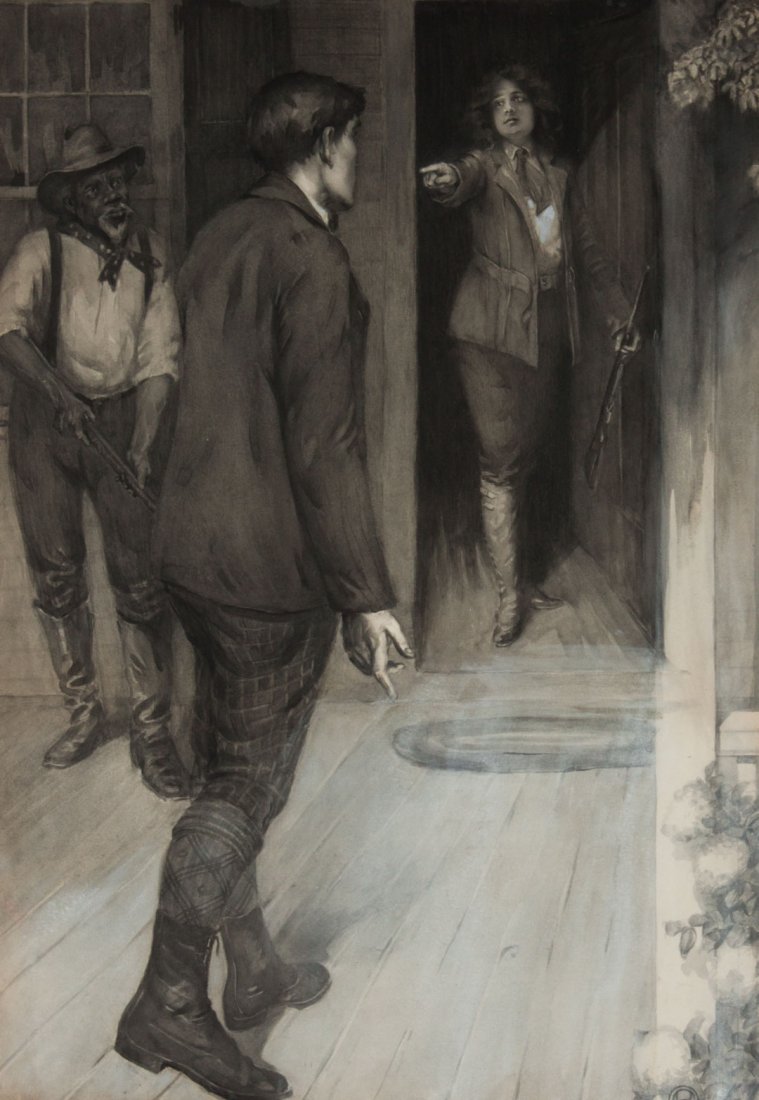 Attr. to Claude Fayette Bragdon. Watercolor: (American, 1866-1946). Illustration en grisaille depicting a young man being confronted by a woman at her doorstep, watercolor on paper, monogrammed lr, 23 1/2 x 16 1/2 in., framed