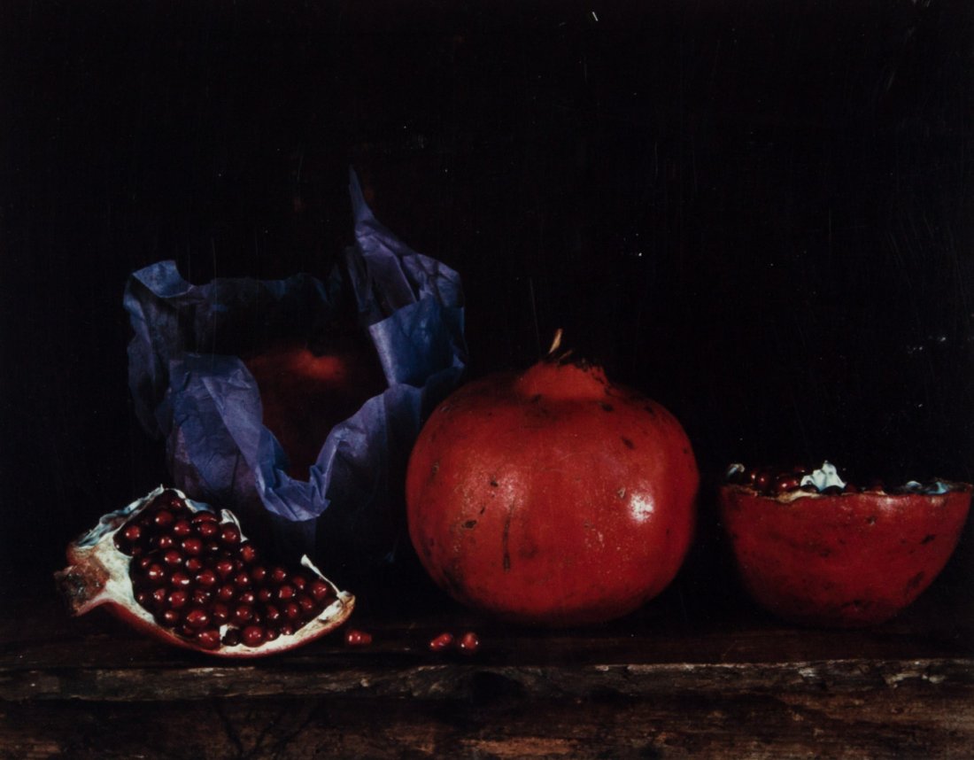 Olivia Parker. "Pomegranates," color photo: (American, b. 1941). Dye transfer print, ed. 4/30, signed and dated "Olivia Parker, 1979" on verso, printed in 1981, 7 1/4 x 9 1/4 in., framed G.H. Dalsheimer Gallery LTD, Baltimore, MD label on verso