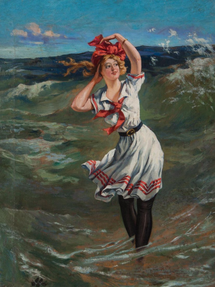 American School,Bathing Beauty, oil: (Early 20th c.). Oil on panel, signed with artist's mark resembling a paw print ll, 22 1/2 x 17 in., framed.