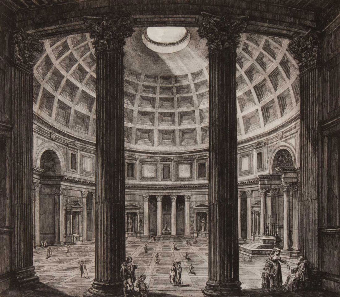 Luigi Rossini. Interior of the Pantheon, engraving: (Italian, 1790-1857). "Veduta dell'Interno del Pantheon di Marco Aggripa," sight size: 20 x 23 1/4 in., framed