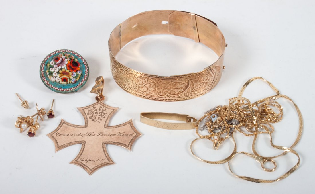 Bag of gold jewelry items: including: engraved flexible bangle bracelet, Convent of the Sacred Heart pendant (monogrammed), three yellow gold chains (one missing clasp), one white gold chain, yellow gold chains, three pairs of 