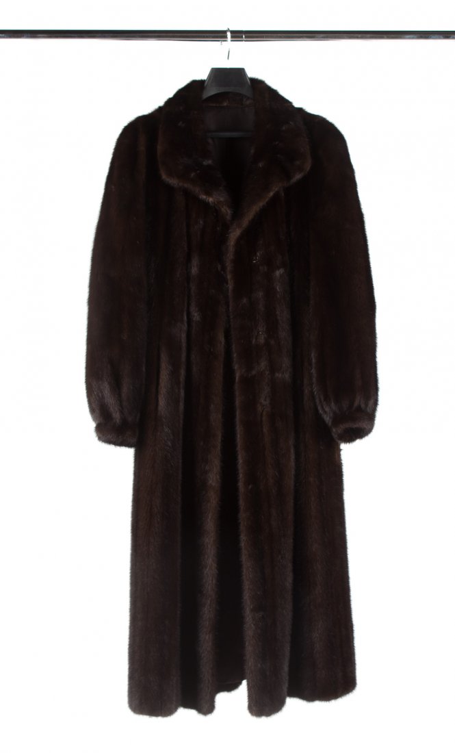 Lady's natural mahogany full-length mink coat: female mink coat from Finland, inside label reads "14"