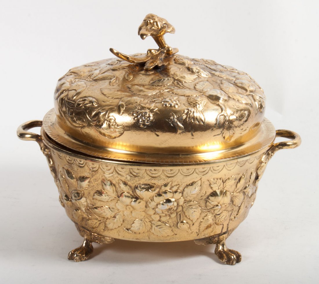 Kirk gilt coin silver footed bowl and lid: mid-19th century, 6 1/4 in. Diam., 6 in. H. over handle, 21 ozt.