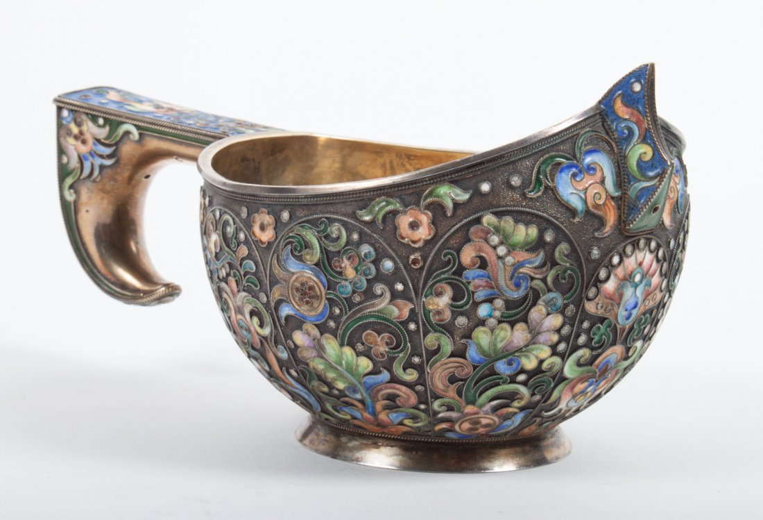 Russian cloisonne enameled silver-gilt Kovsh: Ivan Khlebnikov, Moscow, 1867-71, 3 1/2 in. H. x 6 1/2 in. L. over handle, 9.55 ozt.