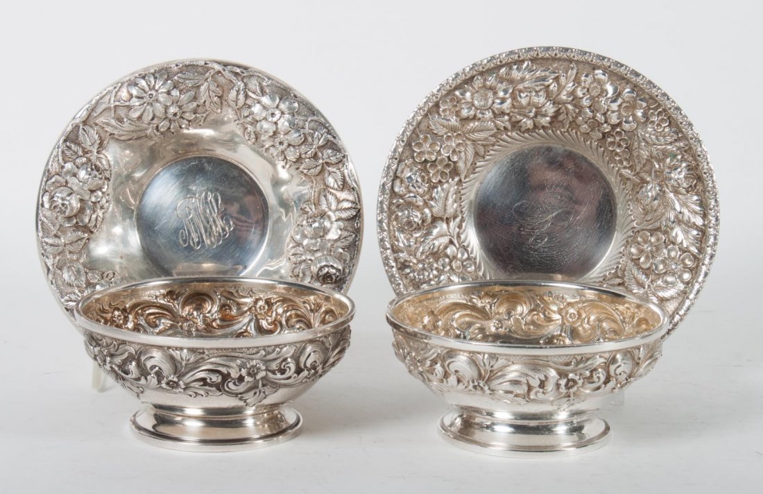 Pair of Schofield repousse sterling silver bowls: 4 1/4 in. Diam., together with a Jenkins & Jenkins and a Kirk repousse bowls; 15.80 ozt. t.w.