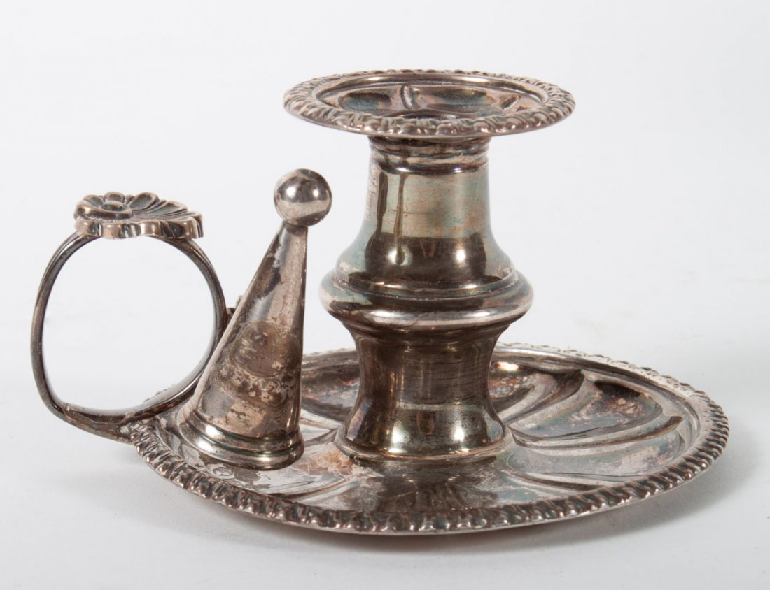 Georgian sterling silver chamberstick & snuffer: Birmingham, 1826-27, indistinctive maker's mark, 2.65 ozt.