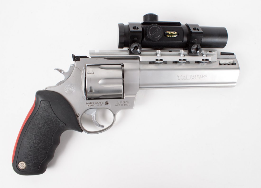Taurus Raging Bull Revolver: serial #XJ225863; 44 magnum caliber; the barrel 6 1/2" long; 12" long overall; accompanied with manual, hard case and 2 speed loaders and BSA red dot scope with rail