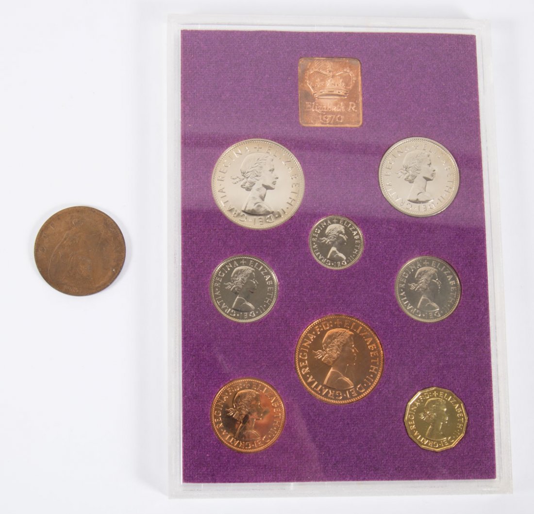 [Great Britain] Proof Set, 1970: Last British pre-decimal proof set, 8 coins, in full royal mint packaging. Grade proof-65. Also includes a 1901 penny, (Victoria), grade AU50/brown.