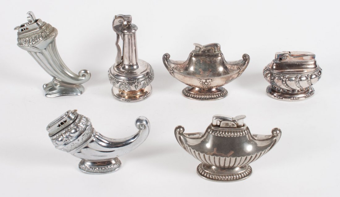 5 silver-plated cigarette lighters & metal lighter: 1950s-1960s; includes: 2 Ronson urn form, Evans cornucopia, 2 urns, and an Occupied Japan metal cornucopia lighter