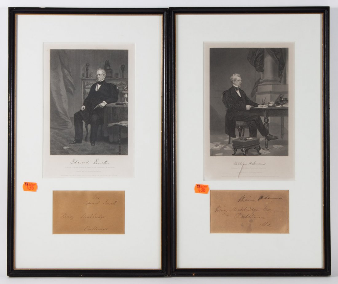 [American Political Autographs] Two envelopes: with free franks, addressed to Henry Stockbridge, Baltimore, one from Edward Everett, the other from WIlliam H. Seward; each framed with engraved portrait