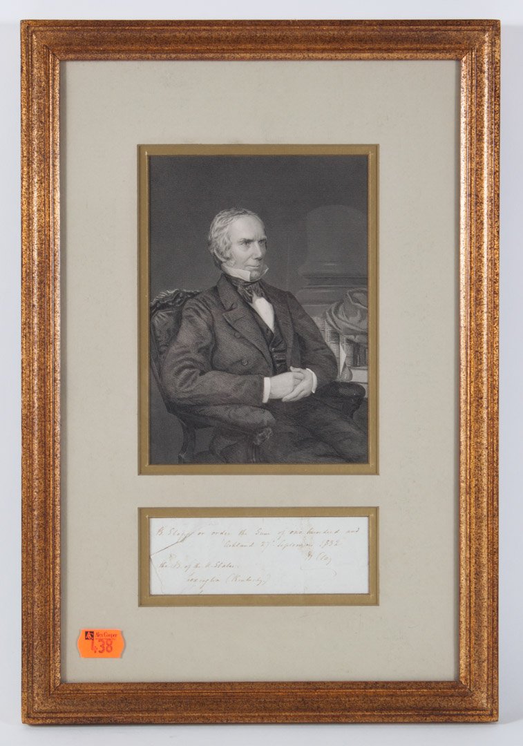 [American Political Autograph] Henry Clay: signed portion of a draft on the Bank of the United States at Lexington, dated at Ashland, Sept. 27, 1832; framed with engraved portrait