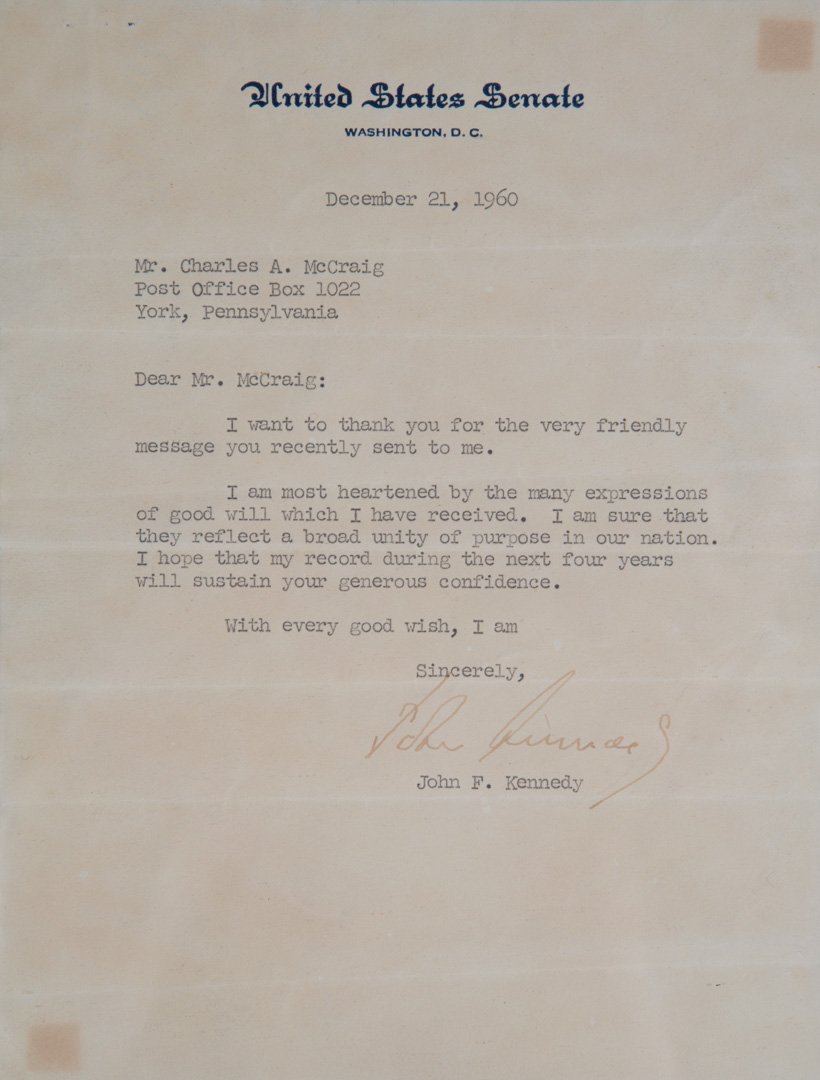 [Presidential Autograph] John F. Kennedy: signature in pen on a brief typed letter, on Senate stationery, Dec. 21, 1960, thanking a supporter, framed; together with a TLS from Evelyn Lincoln on White House stationery, Oct. 22, 1962, confirmin