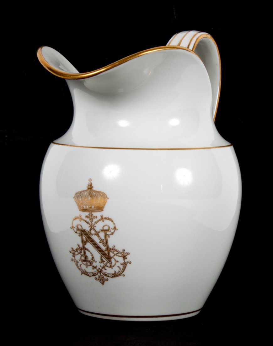Napoleon III Sevres porcelain cream jug: dated 1862; decorated with gold cypher of Napoleon III and stamp marks, 5 1/2 in. H.