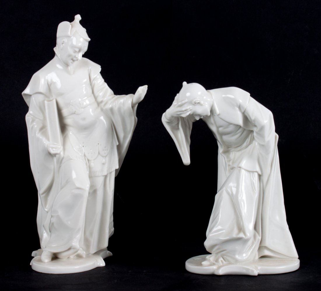 Two Nymphenburg white porcelain figures: After Franz Bustelli. Each modeled as Chinese male figure offering a greeting, stamp mark, 7 1/2 in. H.