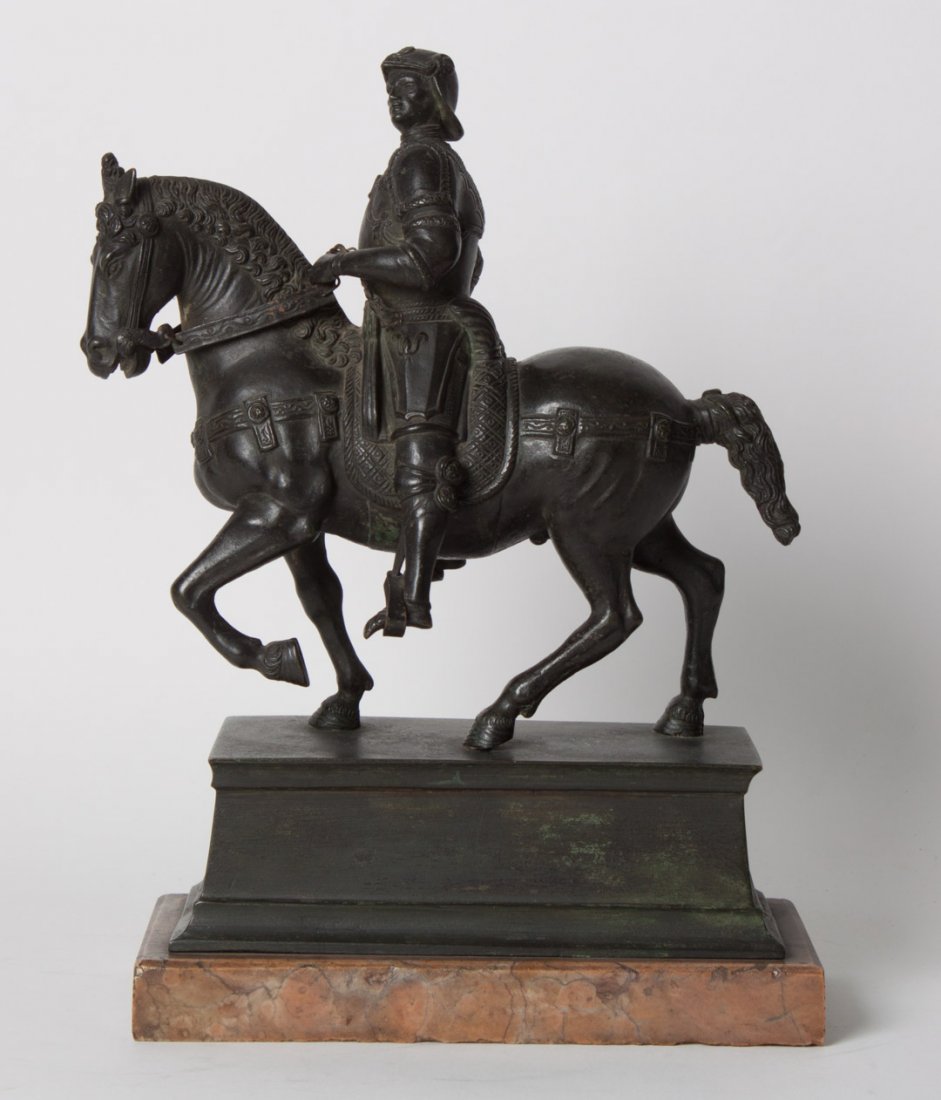 Continental school, late 19th c. Equestrian figure: After Verrochios. Bartolomeo Colleoni in Venice, mounted on marble base, 12 in. H. total