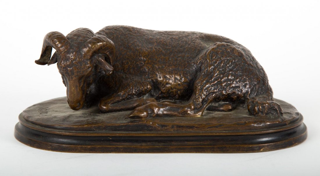 Rosa Bonheur. "Le Merinos": (French, 1822-1899). Modeled as recumbent ram, signed in cast "Rosa B.," 8 3/4 in. L.