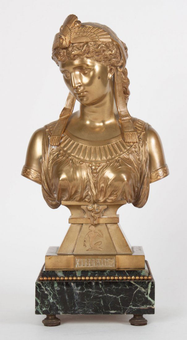 Eutrope Bouret. Cleopatre, bronze bust: (French, 1833-1906). Polished bronze bust of legendary Egyptian queen, signed in cast "Bouret, sclup.," on green marble base, bust - 9 3/4 in.,11 3/4 total H.