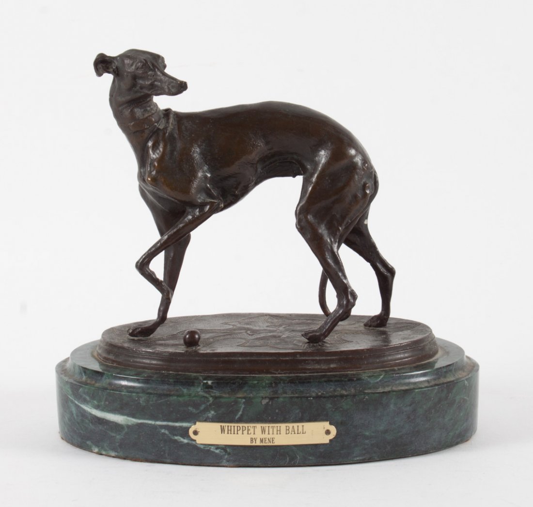 After P.J. Mene. Whippet bronze: modeled as dog on carpet with ball, signed in cast with foundry name, mounted on marble base with brass title plaque, 7 in. H.