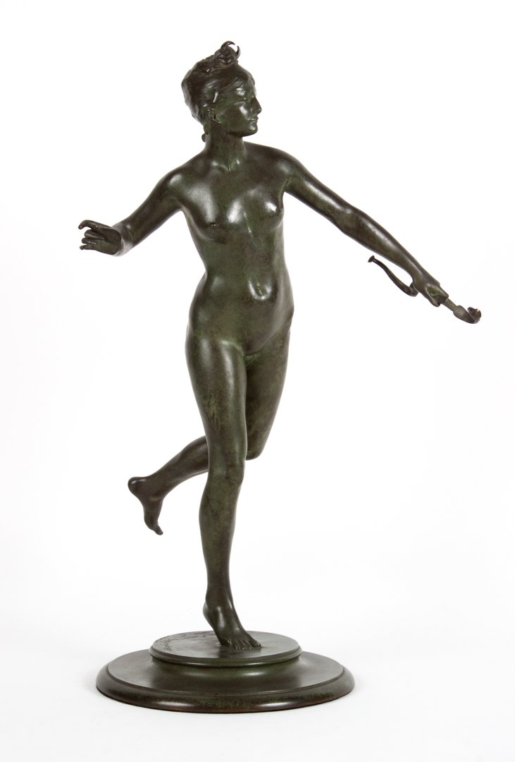 William Frederick MacMonnies. "Diana" bronze: (American, 1863-1937). Modeled as classical huntress, with bow, verdigris patina, signed "F. MacMonnies 1890 copyright 1894 H. Rouard Fondeurs," 18 1/2 in. H.