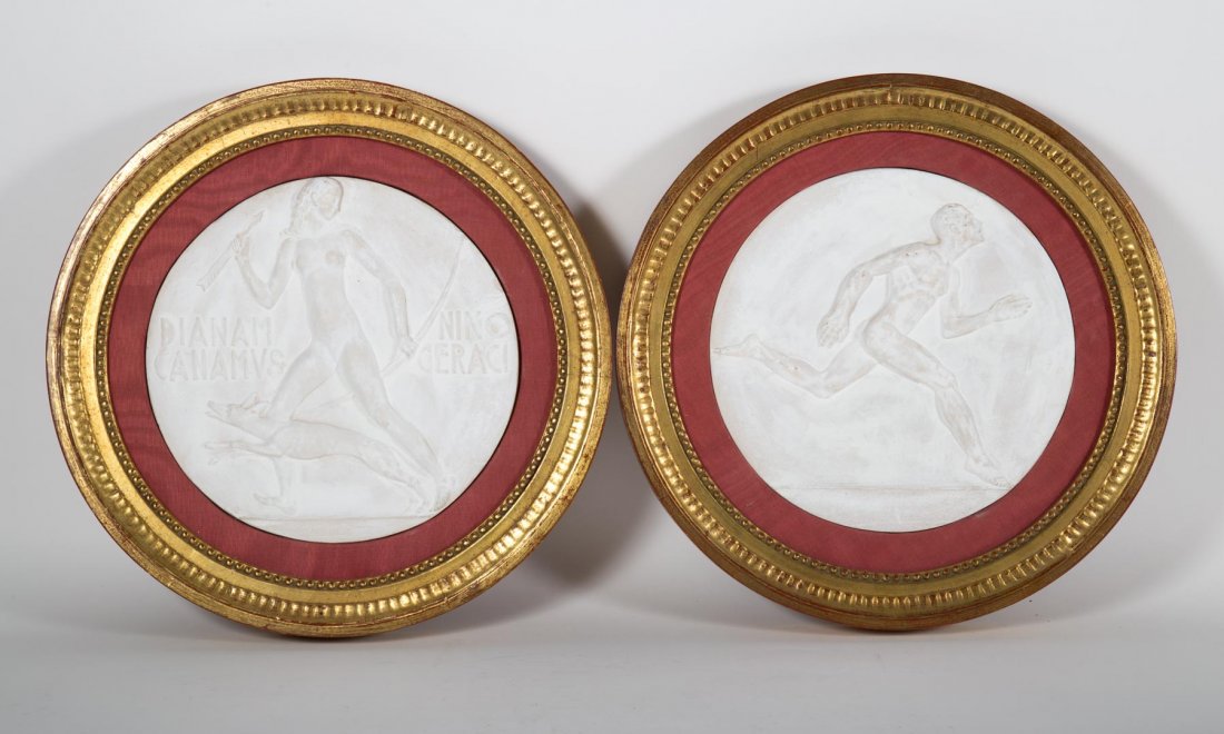 Nino Geraci. Pair of Art Deco plaster plaques: (Italian, 1900-`1983). Round plaque depicting Diana with raised lettering "Dianam Canamus" and "Nino Geraci," and other plaque depicting nude male athlete, impressed "Nino Geraci," plaques - 10 in. Di
