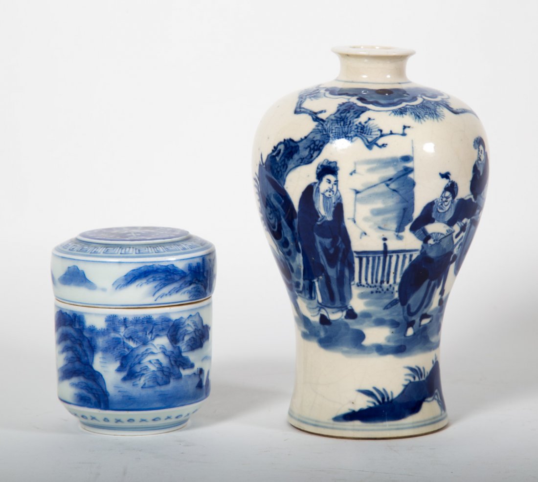 Chinese Export blue and white porcelain vase & box: 19th century; vase with warriors and sage, character mark underneath, 6 in. H., and cylindrical vanity box with meandering river scene, 3 in. H.