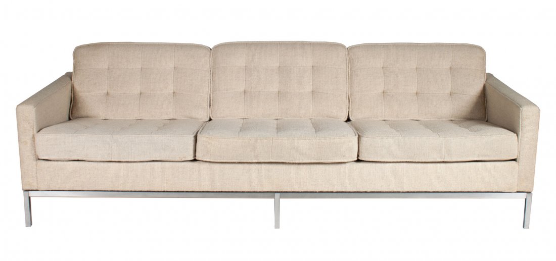 Mid-century Modern Florence Knoll sofa: dated 1979; three-cushion tufted ivory tweed upholstery, with metal frame, 30 in. H., 90 in. W.