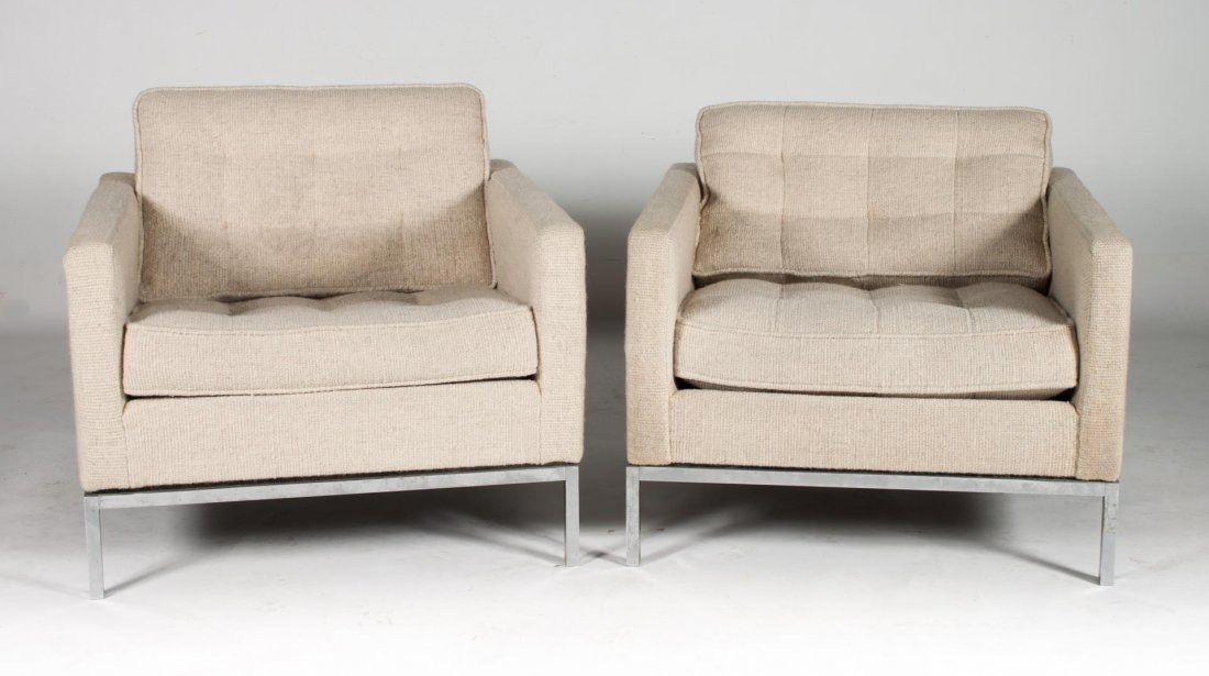 Pr Mid-century Modern Florence Knoll chairs: circa 1970s; lounge chairs with tufted tweed upholstery and metal frame, 32 in. H., 32 in. W.