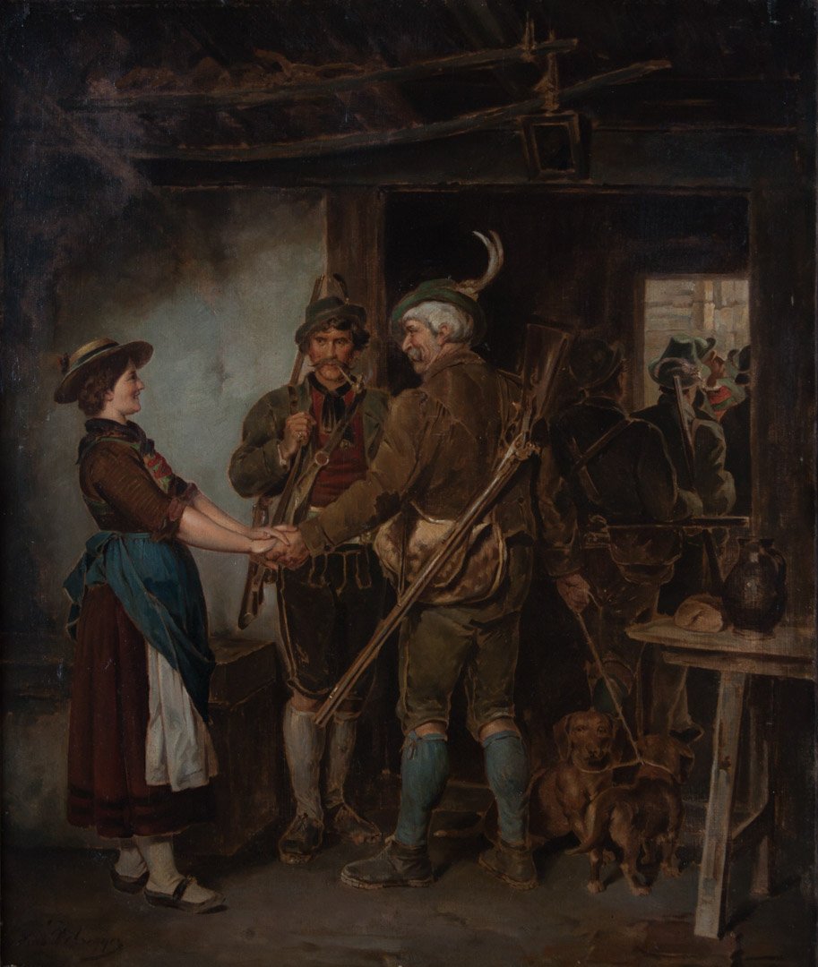 After F. von Defregger. The Hunters' Farewell, oil: After Franz von Defregger (German, 1835-1921). Oil on canvas, signed "Von Defregger" ll, 30 1/2 x 25 1/2 in., framed