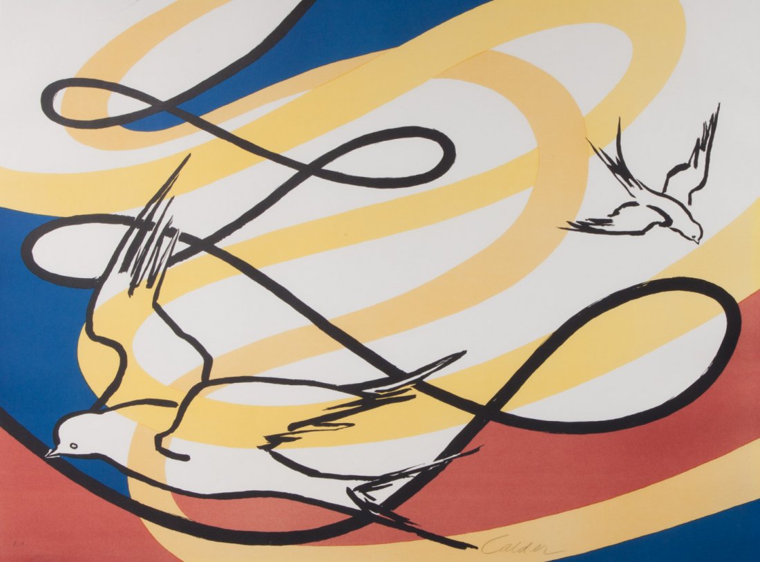 Alexander Calder "Birds in Flight," lithograph: (American, 1898-1976). Color lithograph, artist proof, signed "Calder" lr, 27 1/4 x 36 1/2 in., framed. Comes with Pacific Art Investment C.O.A.