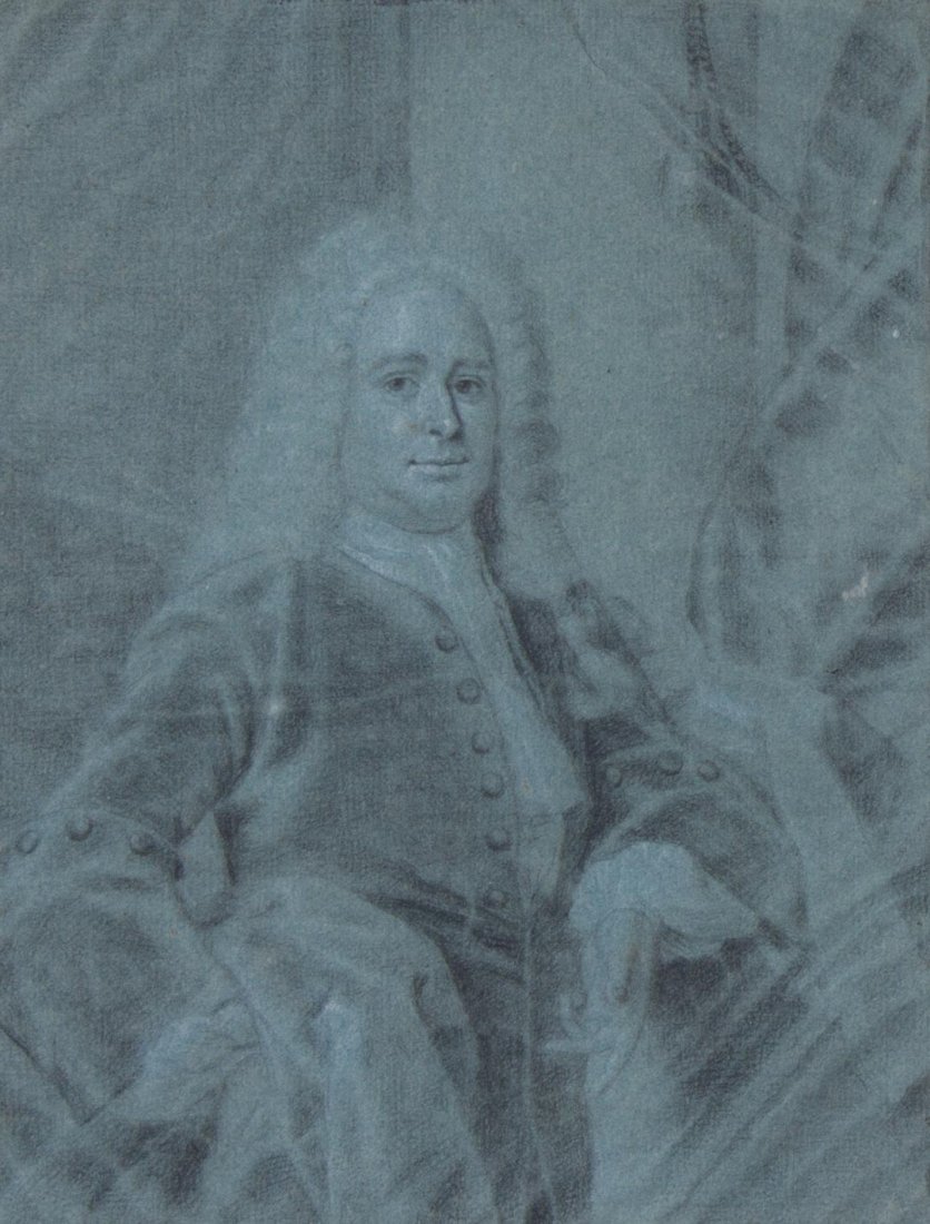 Attr. to Thomas van der Wilt. Portrait of a Man: (Dutch, 1659-1733). Portrait of a Gentleman, balck and white chalk, attribution on clipped auction catalogue listing on verso, 10 x 7 1/2 in., framed