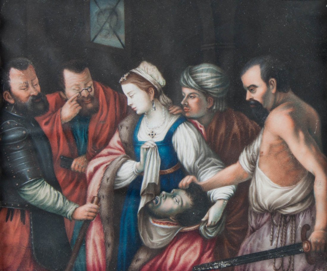 Continental School, 17th c. Salome, gouache: After Lucas Cranach, the elder, Salome Presenting the Head of Saint John the Baptist, gouache on vellum, 5 1/2 x 7 in., framed. Inscription on frame on verso states: "Chief Justice Ambrose Spencer, Gr