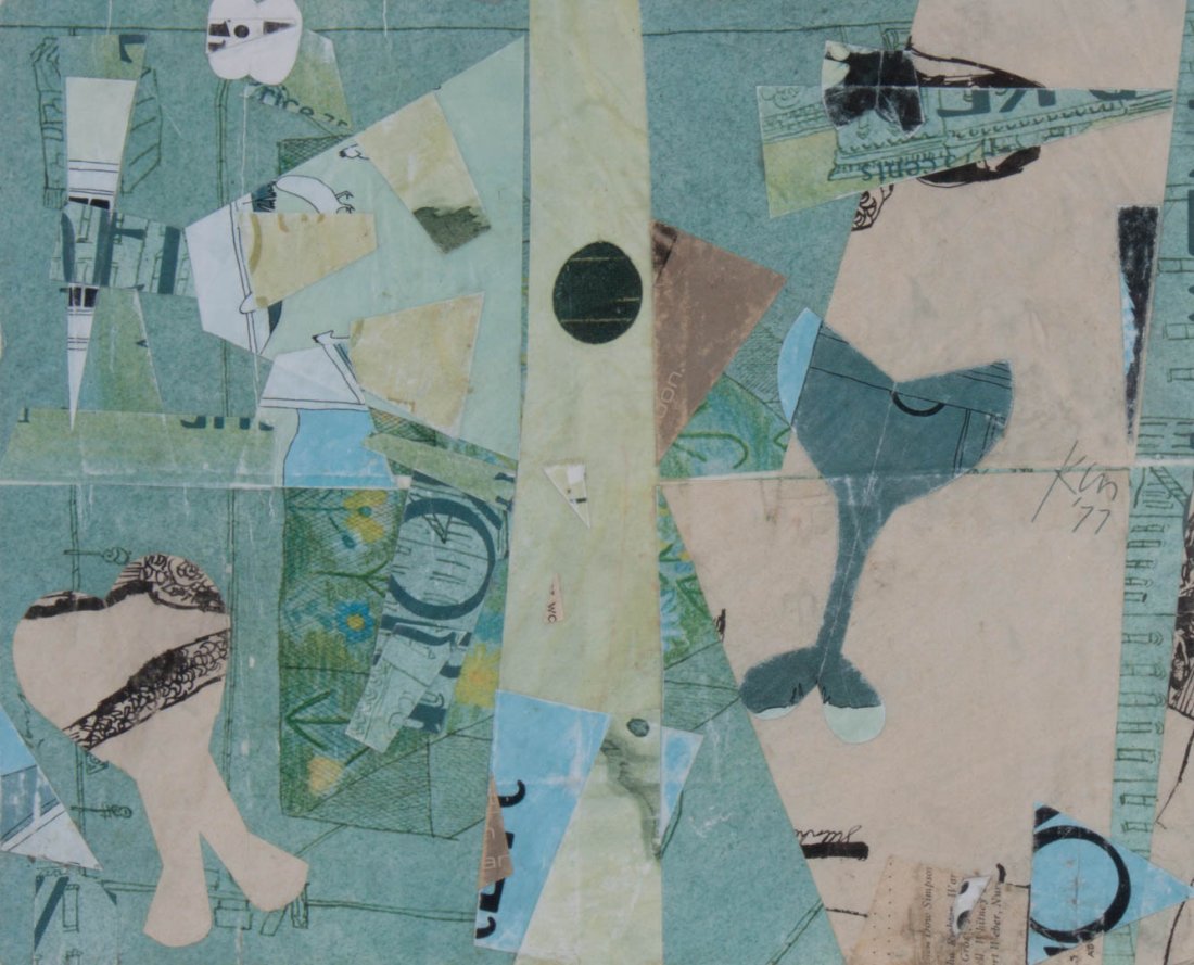 Keith Morrow Martin. "Collage #11," paper collage: (American, 1911-1983). Initialed and dated "K.M. '77" cr, signed on verso, 8 1/4 x 10 1/4 in., framed. C. Grimaldis Gallery, Baltimore, MD label on verso
