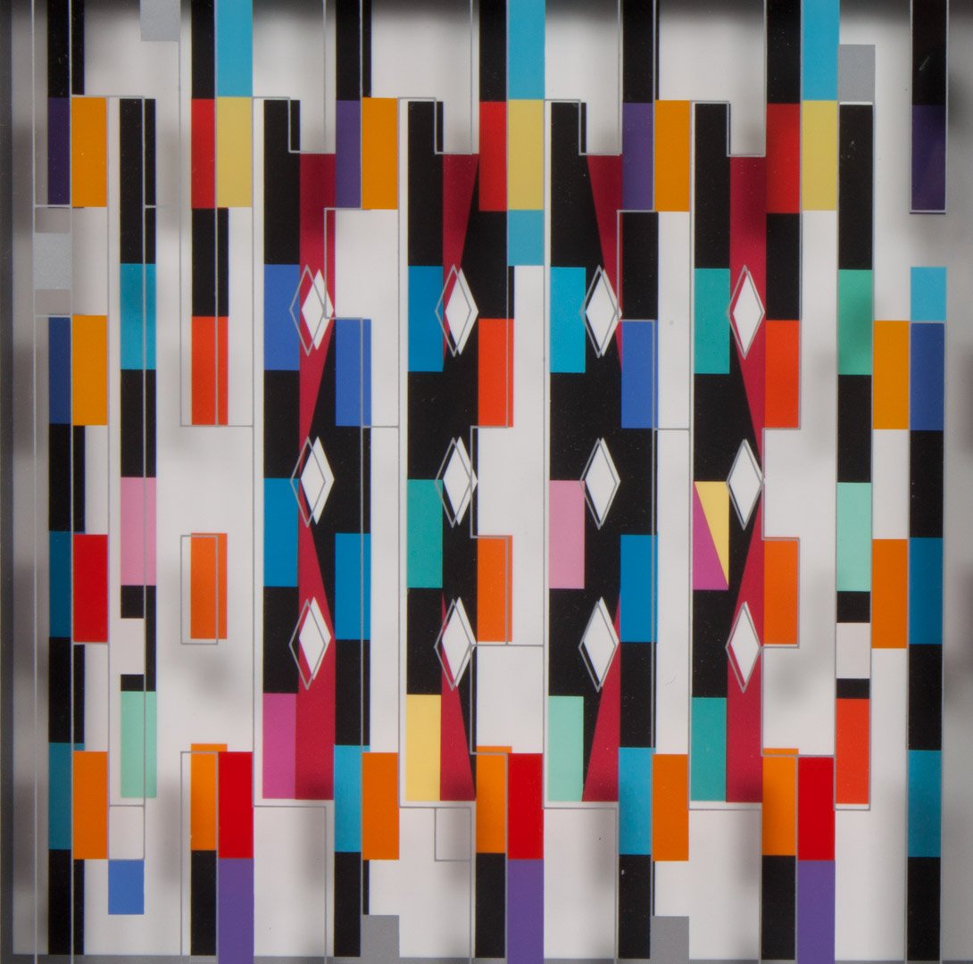 Yaacov Agam. Op Art Agamograph, color screenprint: (Israeli, b. 1928). Double superimposed screenprint on paper and plexiglass, ed. 84/99, signed "Agam" lr, 8 1/2 x 8 1/2 in., framed