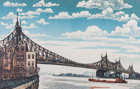 Woldemar Neufeld "Under Queensboro Bridge" woodcut: (Russian/American, 1909-2002). Color woodcut, ed. 19/50, signed "Woldemar Neufeld" lr, 15 1/4 x 23 1/2 in., framed