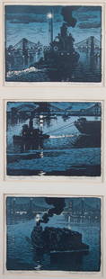 Woldemar Neufeld. Three Tugboat theme woodcuts: (Russian/American, 1909-2002). "One Light," "Three Lights," and "Two Lights", three color woodblocks mounted in one frame, each ed. 49/100, each signed "Woldemar Neufeld" lr, each 7 x 9 in.; frame siz