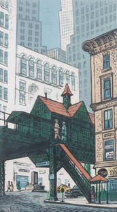 Woldemar Neufeld. "El Station at Hanover Square": (Russian/American, 1909-2002). Color woodcut, ed. 18/50, signed "Woldemar Neufeld" lr, 16 x 9 in., framed