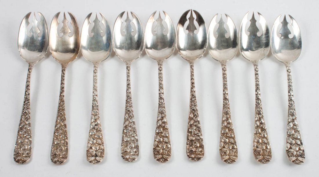 Nine Schofield sterling silver ice cream forks: "Baltimore Rose" pattern, 8.90 ozt.